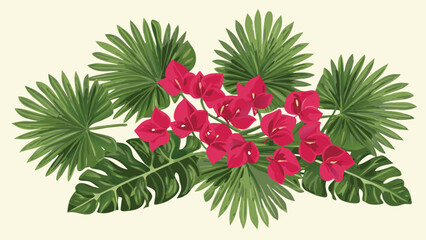 Illustration of bougainvillea flowers with palm and monstera leaves in a tropical arrangement design