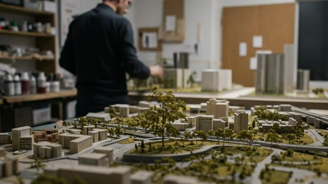 Male architect working on a detailed architectural model of a city. Urban planner designing a new development project in a workshop.