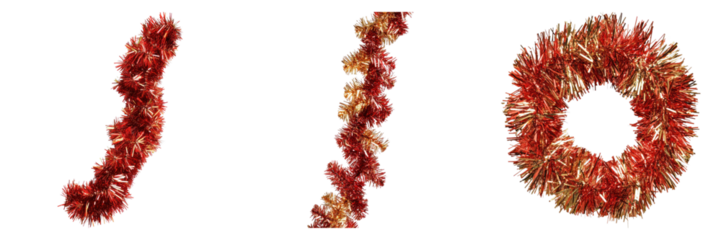 Set of red and golden Christmas tinsel decoration isolated on transparent background