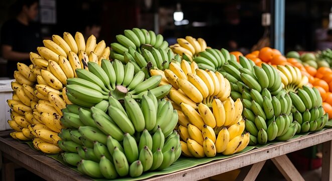 A display of bunches of green and yellow bananas at an outdoor marketplace