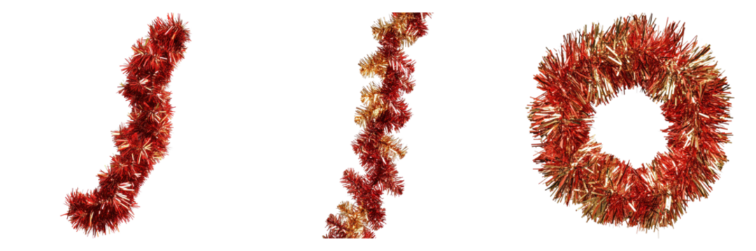 Set of red and golden Christmas tinsel decoration isolated on transparent background