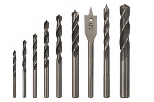Metallic drill bits arranged, highlighting precision engineering for professional fabrication and diy woodworking tasks
