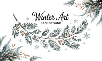 Modern vector winter-themed illustration with watercolor textures featuring pine leaves, flowers and botanical leaves hand drawing. abstract art design for wallpaper, easily editable and scalable.