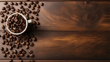 Coffee beans in a white cup on a wooden background.