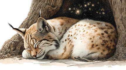 Hollow Dreams &ndash; Watercolor Lynx Sleeping in a Tree Hollow with Spotted Tan Coat


