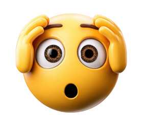 A 3d rendered yellow emoji face expressing shock and surprise with hands near the head, isolated on a transparent background