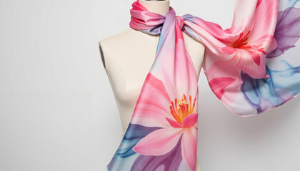 Colorful floral silk scarf displayed on a mannequin bust