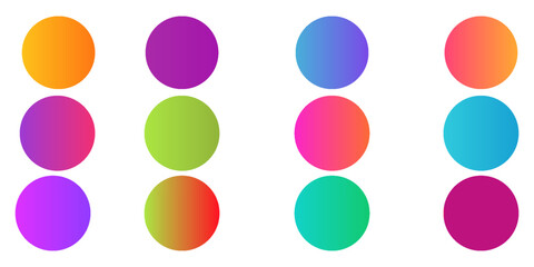 Rounded gradient sphere button. Multicolor fluid circle gradients, colorful soft round buttons. Vivid color spheres set. Flat vector.