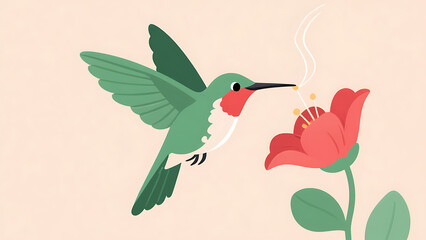 Hummingbird in flight feeding from a red flower, delicate green and red illustration of a bird pollinating a blossom against a soft peach background