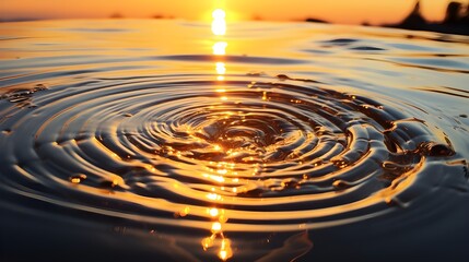 Golden sunlight reflects on water ripples creating a serene and calming aquatic scene with fluid concentric circles.