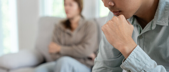 Divorce. Asian couples are desperate and disappointed after marriage. Husband and wife are sad,...