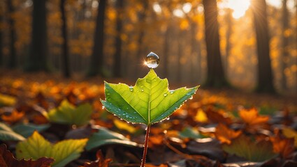 Obraz premium Maple Leaf with Water Droplet in Autumn Forest at Sunrise