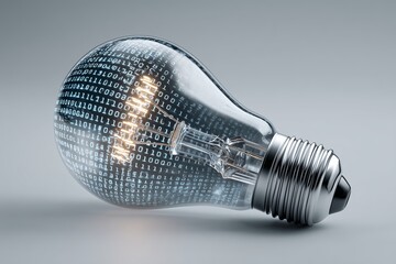 A minimalist light bulb with digital binary code inside on white, representing tech ideas and innovation