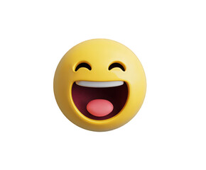 A cheerful yellow emoji with a wide smile and open mouth is isolated on transparent background, radiating joy and positivity