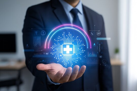 Innovating Healthcare Solutions: A Businessman Presents Futuristic Medical Technology Driven by Artificial Intelligence and Advanced Digital Connectivity for Global Health Advancements.