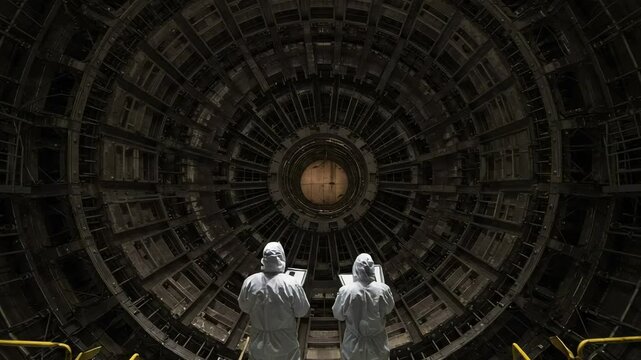 Two scientists in protective hazmat suits inspecting a massive circular industrial machine. Engineers working inside a futuristic particle accelerator or fusion reactor.