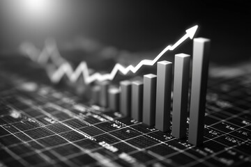 A modern black and white graph with an upward growth trend line, representing business success