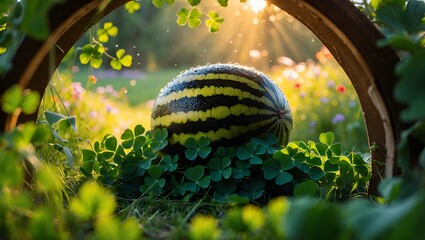 Watermelon Still Life with Clover Patch and Sunlight in Meadow