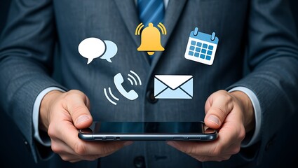 Businessman holding a smartphone with communication icons including a bell chat bubbles a phone and an envelope symbolizing digital connectivity and notifications
