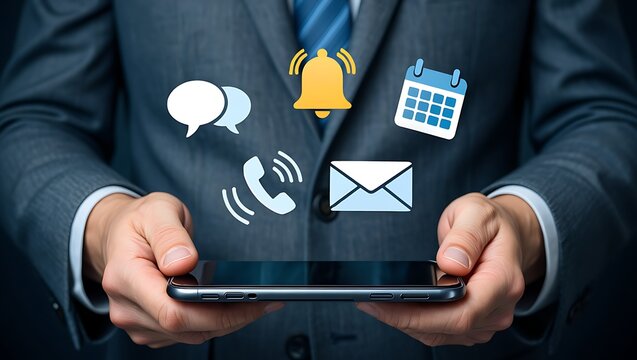 Businessman holding a smartphone with communication icons including a bell chat bubbles a phone and an envelope symbolizing digital connectivity and notifications