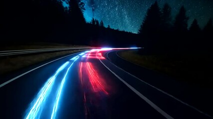 Night road with car light trails and starry sky perfect for cinematic backgrounds - Powered by Adobe