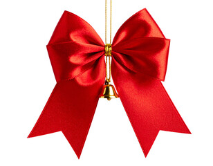 A shiny red satin coquette bow with long trailing ribbons and a tiny golden bell 