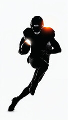 American football player in motion, isolated against a white background.
