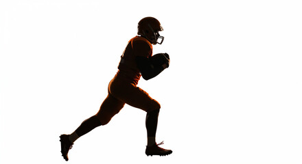 American football player in motion, isolated against a white background.
