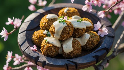 Falafel Balls Topped with Sauce Served on Wooden Plate Outdoors