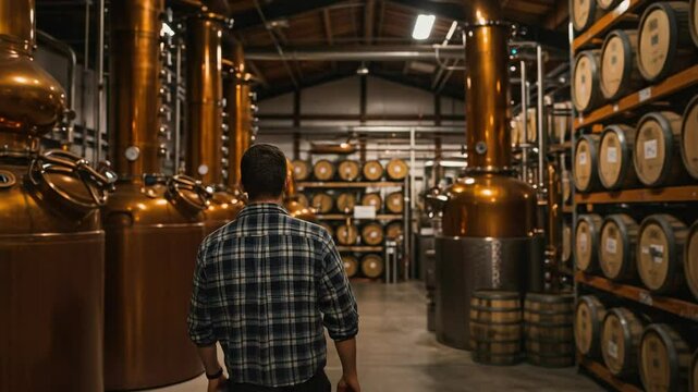 Man walking through a whiskey distillery. Distiller inspecting large copper stills and aging barrels in a warehouse. Craft alcohol production.