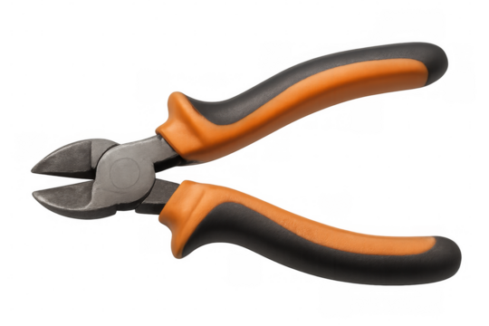 Side cutters pliers with orange and black handles, close-up view, resting on transparent backdrop, showcasing precision cutting tool