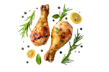Top view of chicken drumsticks with lemon slices, pepper and rosemary isolated on a cut out PNG transparent background