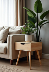 A minimalist light wood bedside table with a drawer, positioned next to a neutral-toned sofa and large potted plant, creating a serene and functional addition to a contemporary bedroom.

