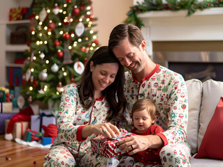 A family sitting together in matching Christmas pajamas, sharing a book by the Christmas tree, enjoying a warm and festive holiday moment filled with love and laughter.