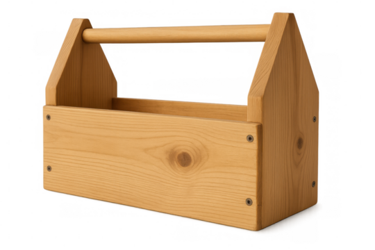 Classic wooden toolbox with handle, isolated on transparent background, ready for tools and equipment