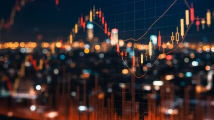 Cityscape overlayed with financial charts at night illustrating data trends - Powered by Adobe