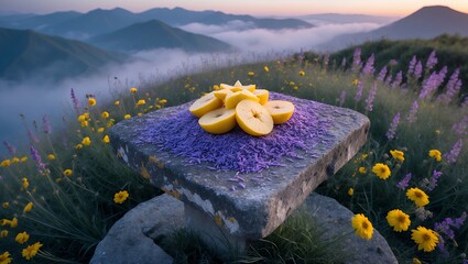 Sliced fruit on stone table surrounded by mountain meadow flowers