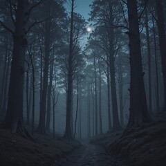 Fototapeta premium A narrow path winds through a dense, shadowy forest under the soft glow of the full moon on a misty night.