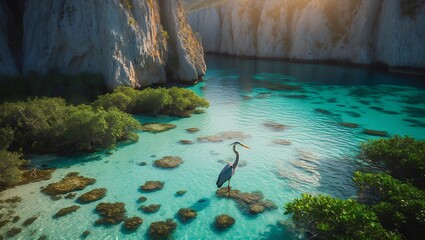 Heron Standing in Turquoise Water of Calm Coastal Lagoon Scenery