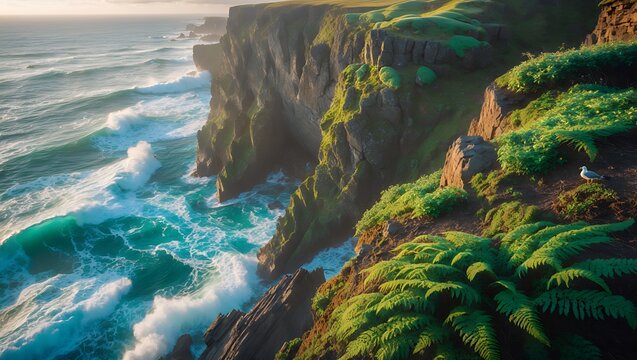 Cliffside View with Ocean Waves Crashing and Lush Green Vegetation