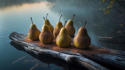Pears on Log Floating on Water with Misty Background