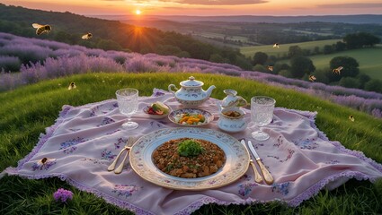 Picnic in Lavender Field at Sunset with Tea and Savory Dish