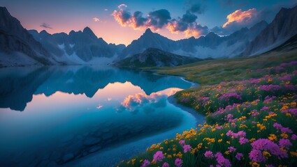 Serene Mountain Lake Reflection with Meadow of Flowers at Sunset