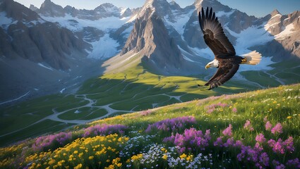 Eagle Soaring Over Mountain Meadow with Snowy Peaks in Background