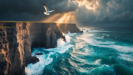 Seagull Flying over Cliffside Coastline with Waves and Dramatic Sky
