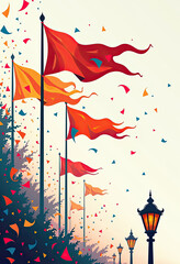 A celebratory scene with multiple flags in warm tones flying in the wind amidst falling confetti and illuminated street lamps, suggesting a joyous national holiday or a vibrant cultural event.
