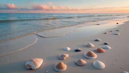 Seashells on Sandy Beach with Calm Ocean and Pastel Sky