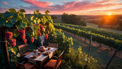 Outdoor Vineyard Dining at Sunset with Red Grapes and Tea