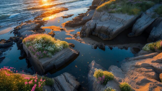 Coastal Rocks and Wildflowers at Sunset Overlooking the Ocean Water - Powered by Adobe