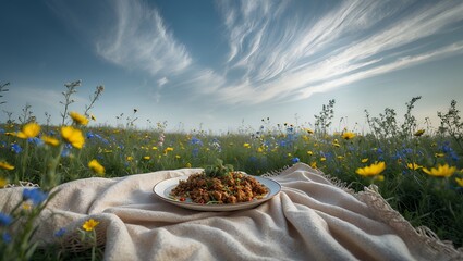 Picnic Meal on Blanket in Wildflower Meadow Under a Cloudy Sky